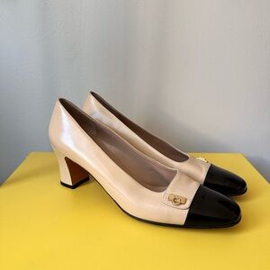 Salvatore Ferragamo Tan and Black cap toe heels